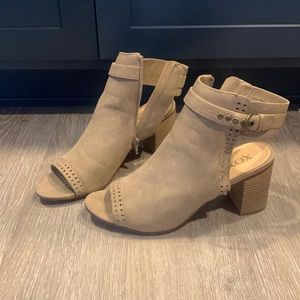 XOXO Tan, Peep toe heels.